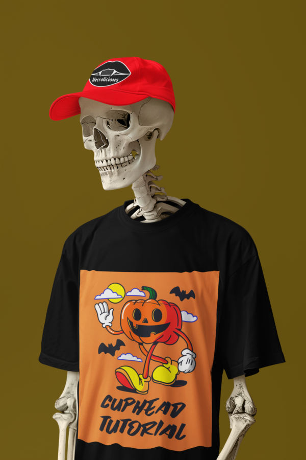 Necrolicious “Cuphead Tutorial” Funny Pumpkin Halloween Chud Gamer Meme 100% Cotton Unisex Tee - Image 2