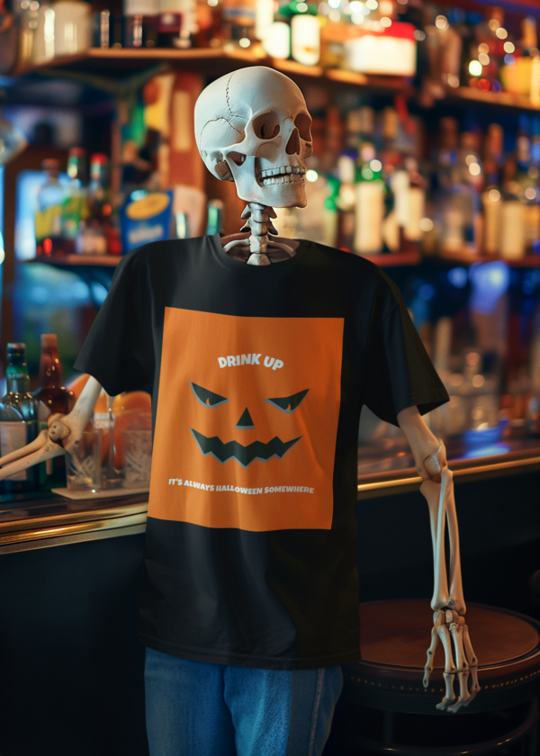 Necrolicious “Drink Up It’s Always Halloween Somewhere” Pumpkin Horror Goth Meme 100% Cotton Unisex Tee - Image 2