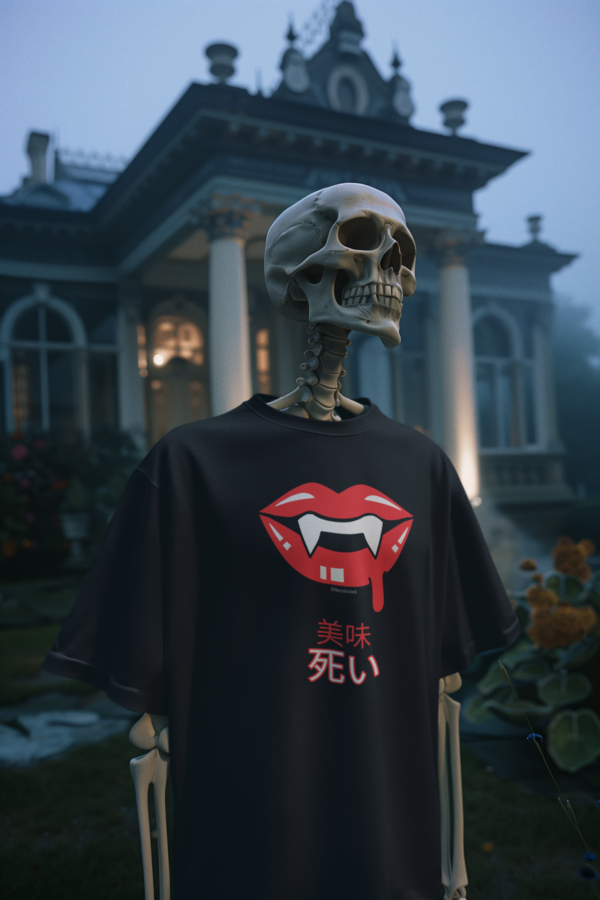 Necrolicious 日本語「美味死い」吸血鬼の牙唇 綿100% 男女兼用Tシャツ - Image 2