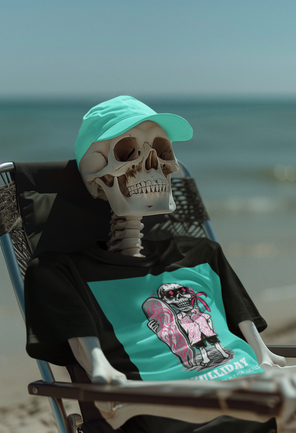 Necrolicious “Skulliday” Funny Skull Holiday Vacation Surfer Beach Goth Meme 100% Cotton Unisex Tee - Image 2