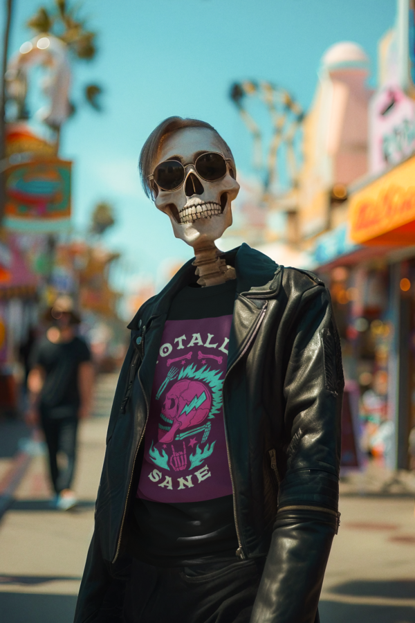 Necrolicious “Totally Sane” Non-Luxury Skeleton Crazy Punk Deathrock Mohawk Skull Meme 100% Cotton Unisex Tee - Image 2