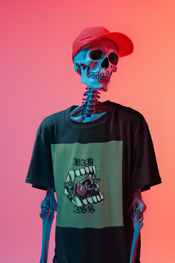 Necrolicious "BAD ASS" Funny Tattoo Vampire Fangs Goth Meme 100% Cotton Unisex Tee - Image 2