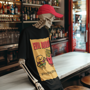Necrolicious “Evil Burga With A Side Of Horror Fries” Funny Viral Cat Meme 100% Cotton Unisex Tee
