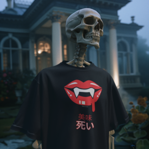 Necrolicious 日本語「美味死い」吸血鬼の牙唇 綿100% 男女兼用Tシャツ