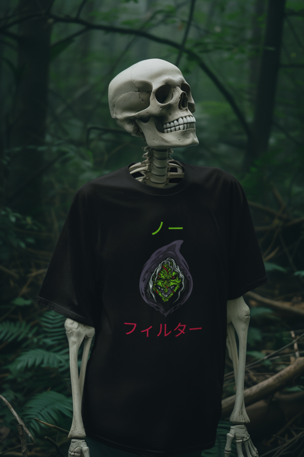 Necrolicious 日本語「ノーフィルター」面白い魔女魔術ミーム 綿100% 男女兼用Tシャツ - Image 2