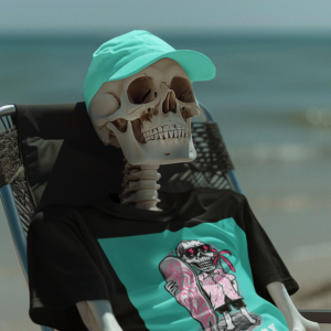 Necrolicious “Skulliday” Funny Skull Holiday Vacation Surfer Beach Goth Meme 100% Cotton Unisex Tee