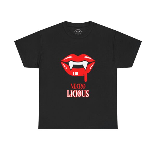 Necrolicious “Necro Licious” Funny Vampire Fangs Lips Meme 100% Cotton Unisex Tee