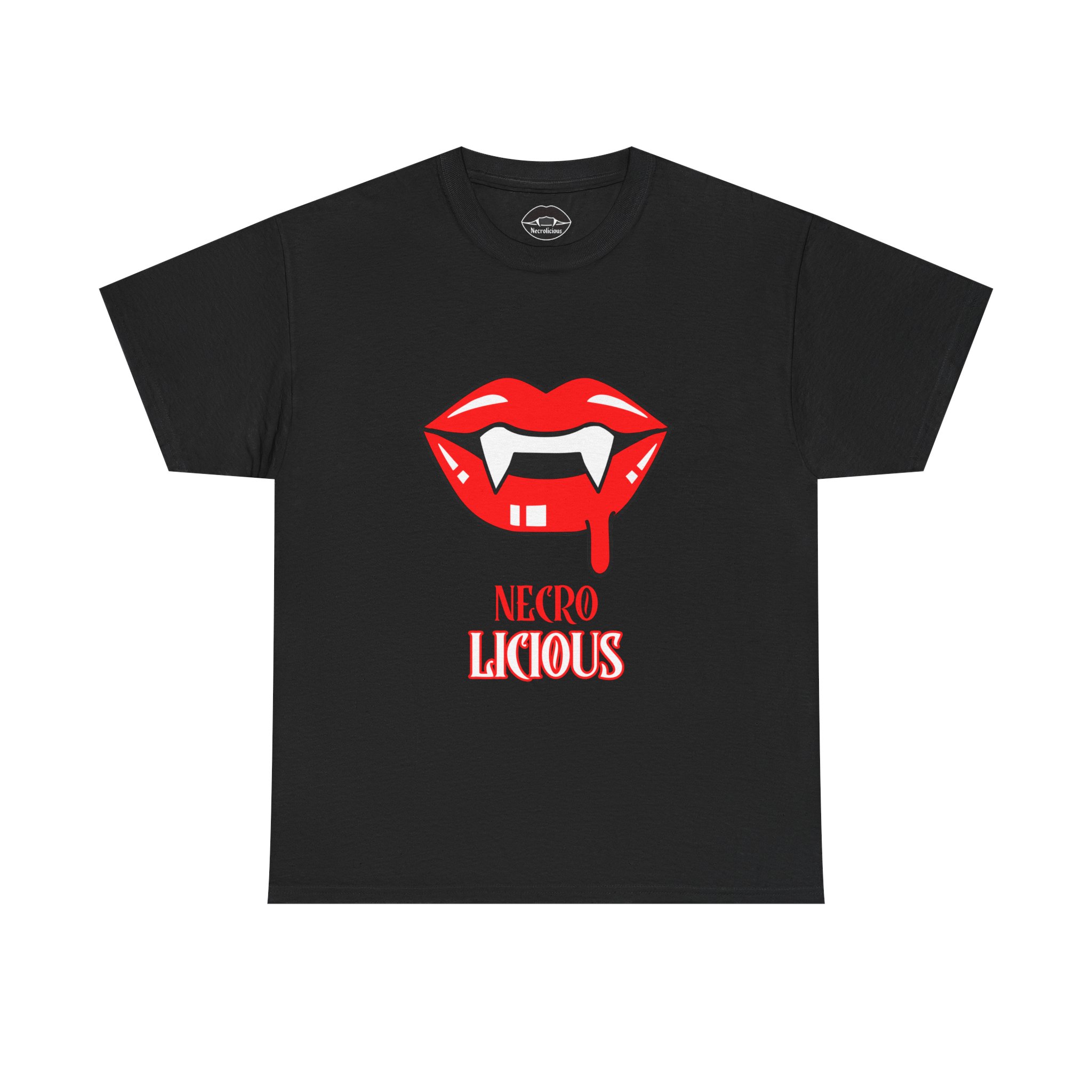 Necrolicious “Necro Licious” Funny Vampire Fangs Lips Meme 100% Cotton Unisex Tee